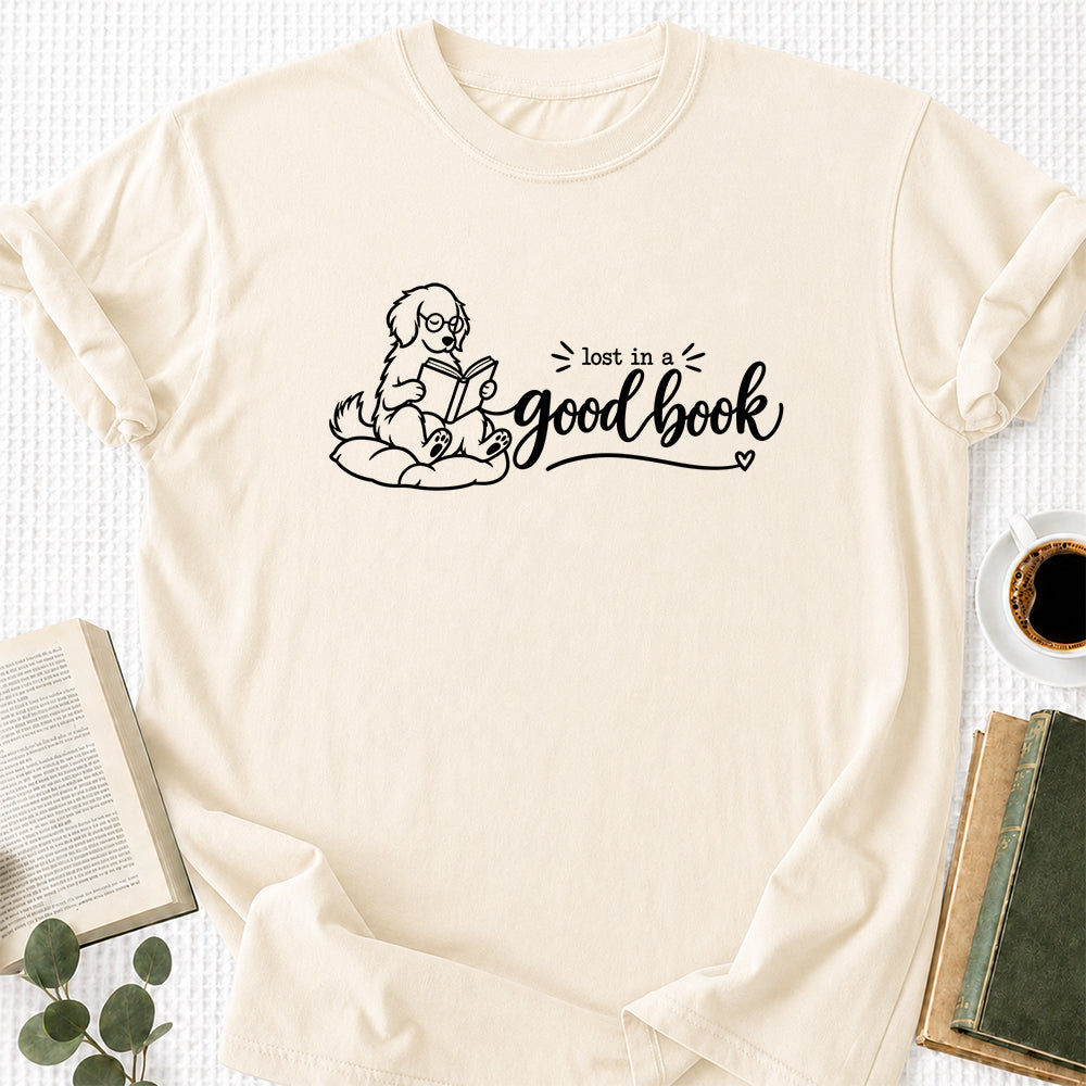 Lost In A Good Book Cotton T-Shirt | Dog & Book Lover Gift Natural