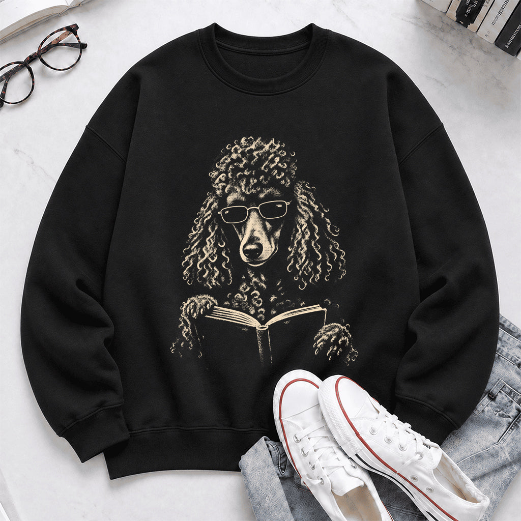 Poodle Reading Book Crewneck Sweatshirt | Reader Gift Black