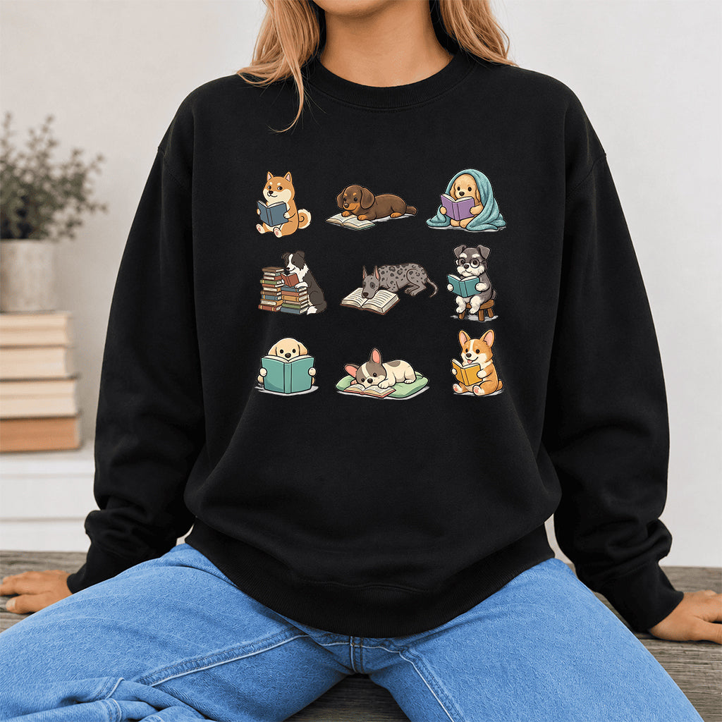 Funny Dogs Reading Crewneck Sweatshirt | Reader Gift Black