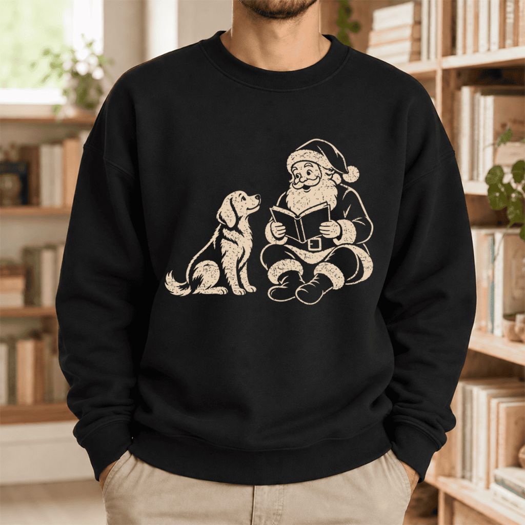 Funny Dog With Reading Santa Softstyle Sweatshirt | Christmas Book Lover Gift Black