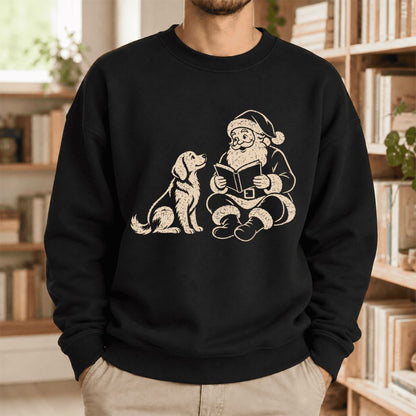 Funny Dog With Reading Santa Softstyle Sweatshirt | Christmas Book Lover Gift Black