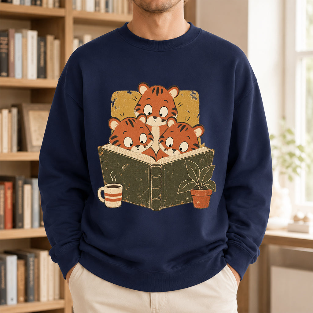Minimal Japanese Tigers Reading Crewneck Sweatshirt | Reader Gift Navy