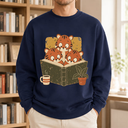 Minimal Japanese Tigers Reading Crewneck Sweatshirt | Reader Gift Navy