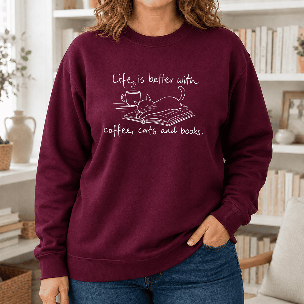 Funny Cats and Books Crewneck Sweatshirt | Reader Gift Maroon