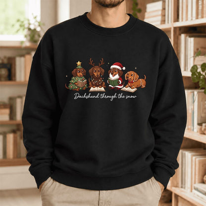 Dachshund Through The Snow Softstyle Sweatshirt | Christmas Book Lover Gift Black