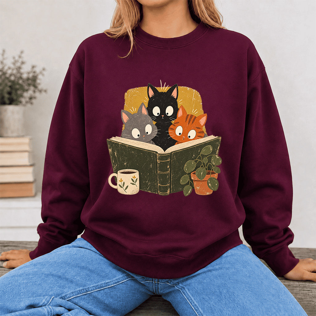 Minimal Japanese Cats Reading Crewneck Sweatshirt | Reader Gift Maroon