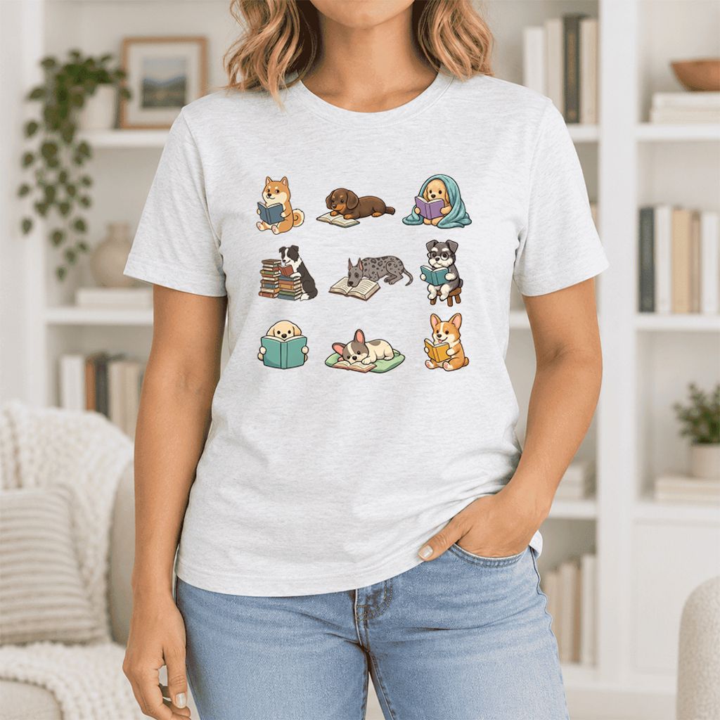 Funny Reading Dogs Ultra-Soft Cotton T-Shirt | Dog Mom Reader Gift Ash