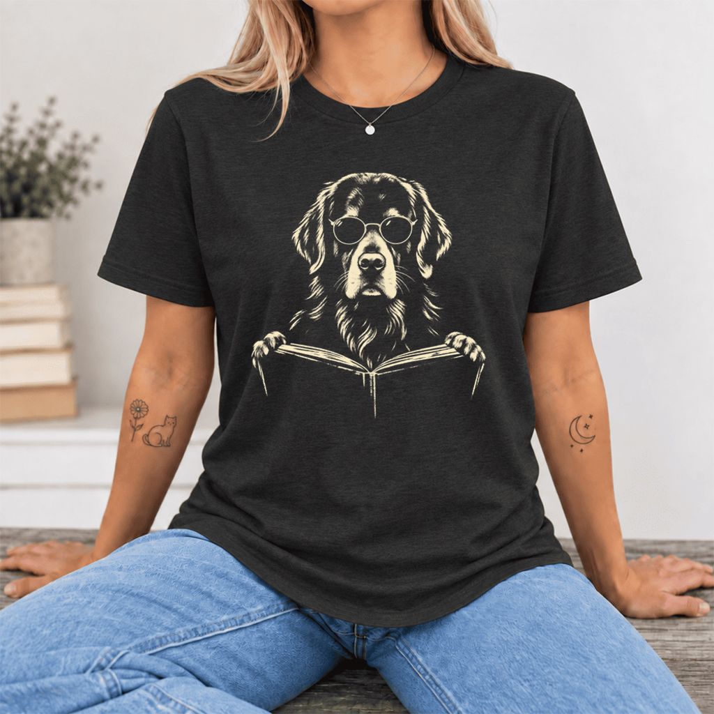 Golden Retriever Reading Book Ultra-Soft Cotton T-Shirt | Dog Mom Reader Gift Black Heather