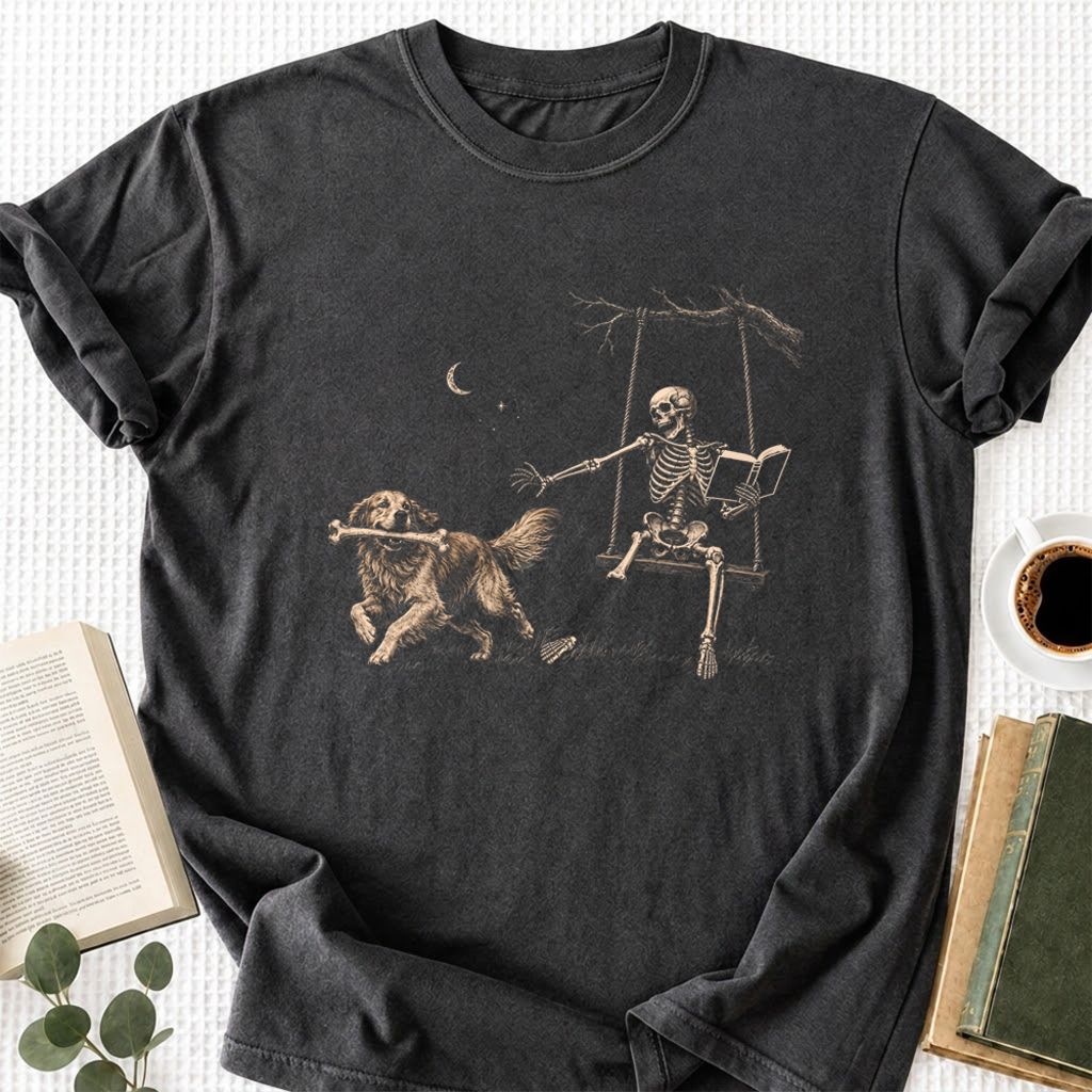 Funny Reading Book With Golden Retriever Printed T-Shirt | Halloween Reader Gift Dark Heather