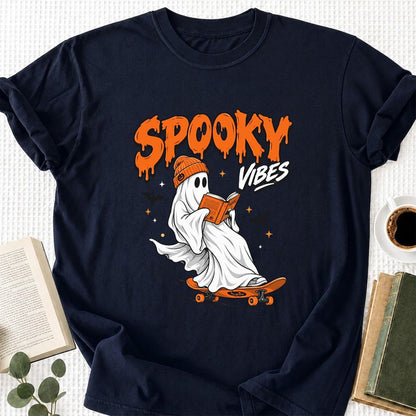 Spooky Vibes Printed T-Shirt | Halloween Book Lover Gift Navy