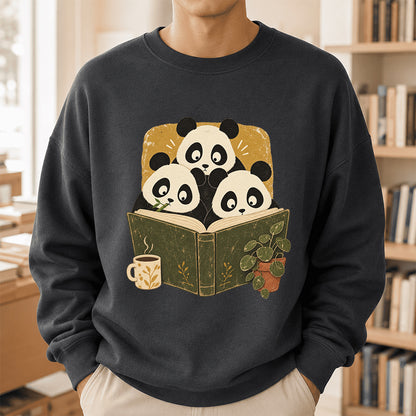 Curious Pandas Reading Crewneck Sweatshirt | Panda Lover & Reader Gift Dark Heather