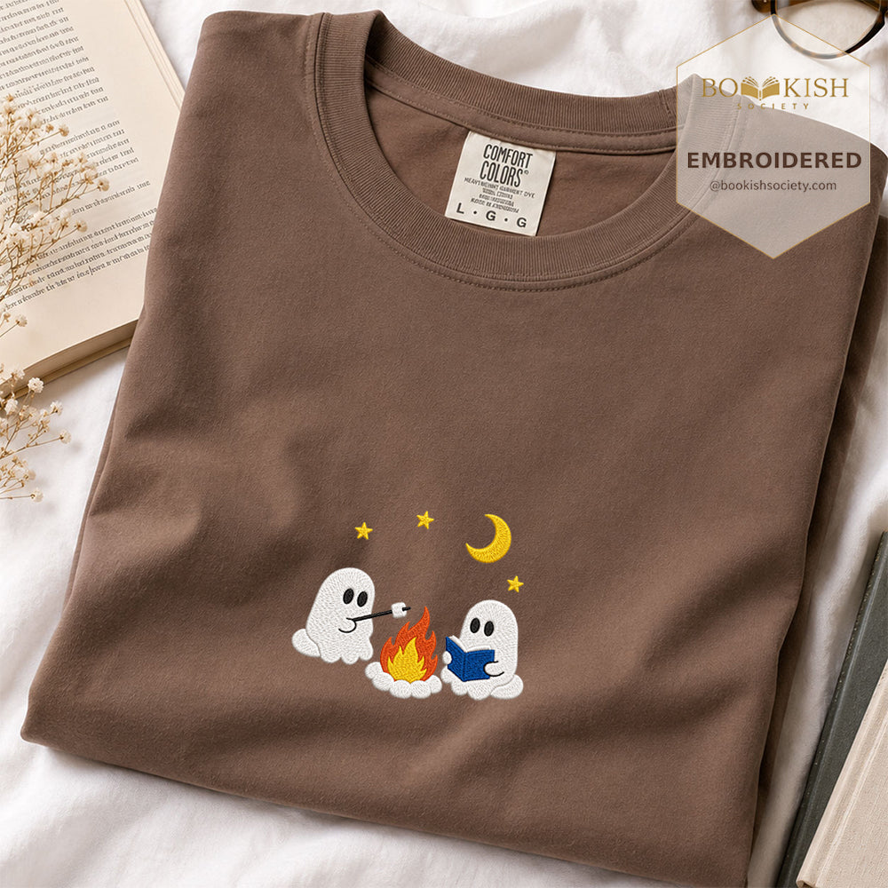 Embroidered Cute Ghost Camping Comfort Color® T-shirt Book Lover Gift Espresso