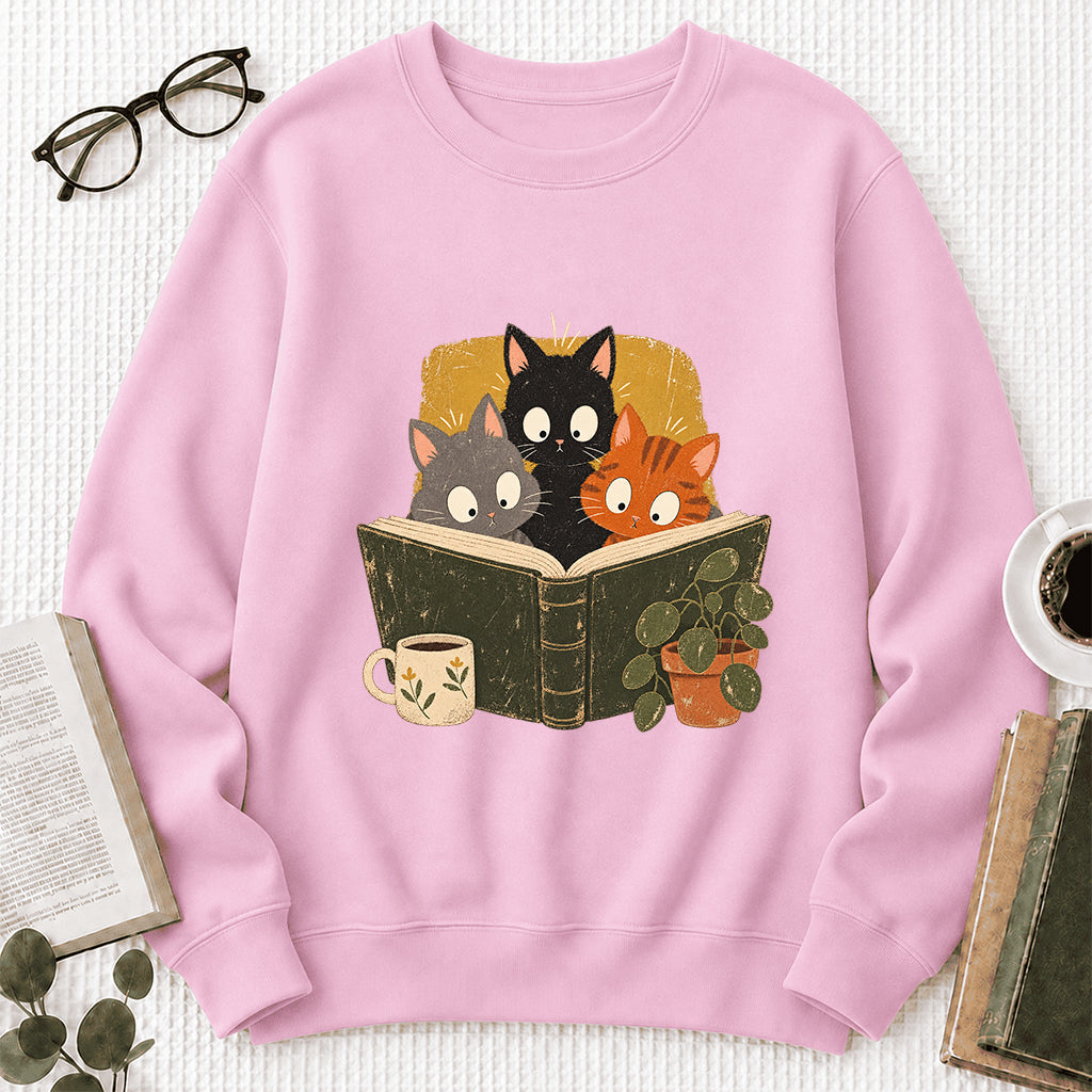 Minimal Japanese Cats Reading Crewneck Sweatshirt | Reader Gift Light Pink