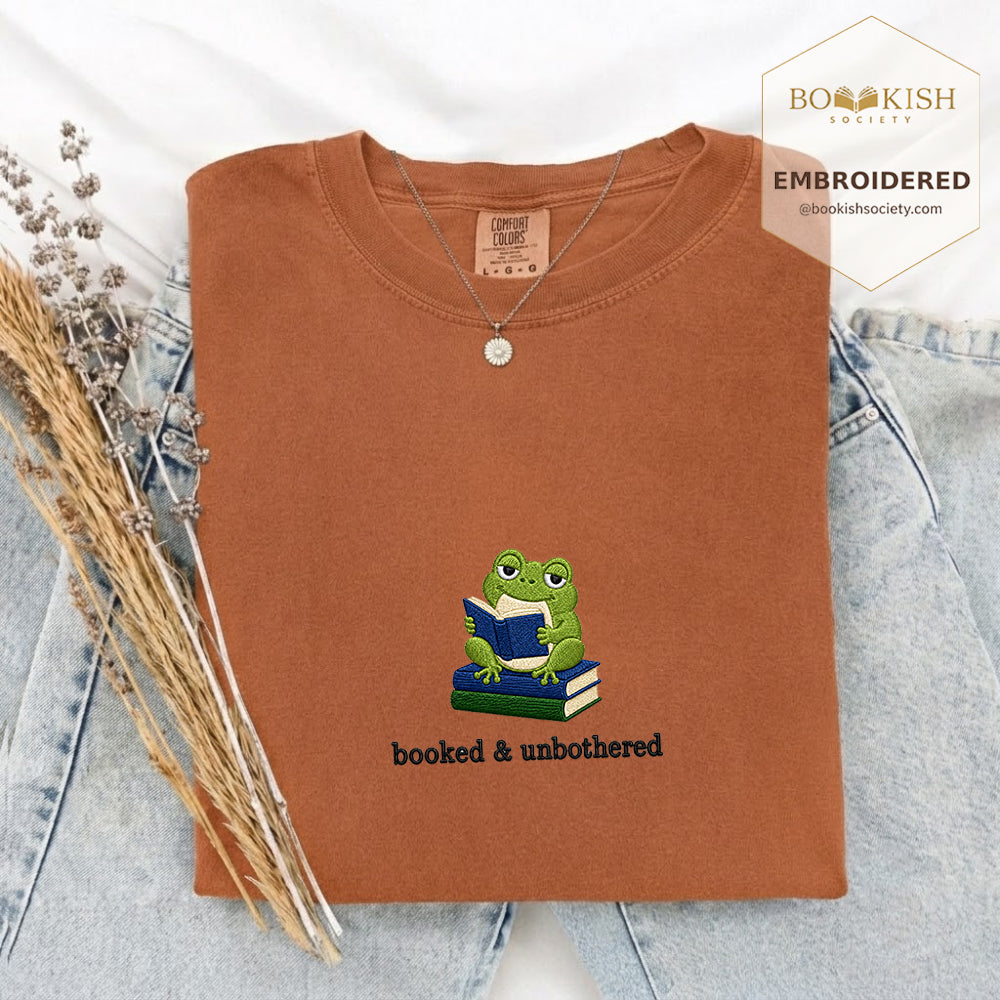 Booked and Unbothered Embroidered Comfort Color® T-shirt | Book Lover Gift Yam