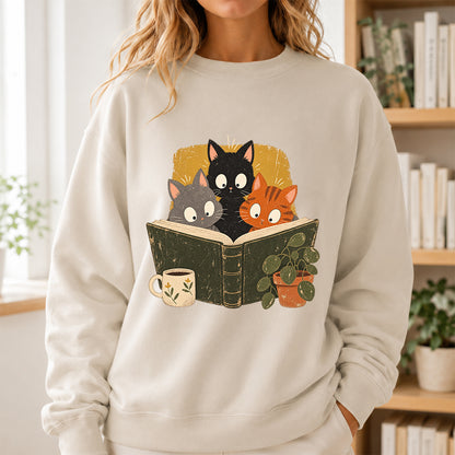 Minimal Japanese Cats Reading Crewneck Sweatshirt | Reader Gift Sand