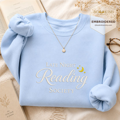 Late Night Reading Society Embroidered Sweatshirt | Reader Gift Light Blue