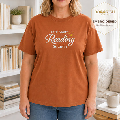 Late Night Reading Society Embroidered Comfort Color® T-shirt | Book Lover Gift Yam