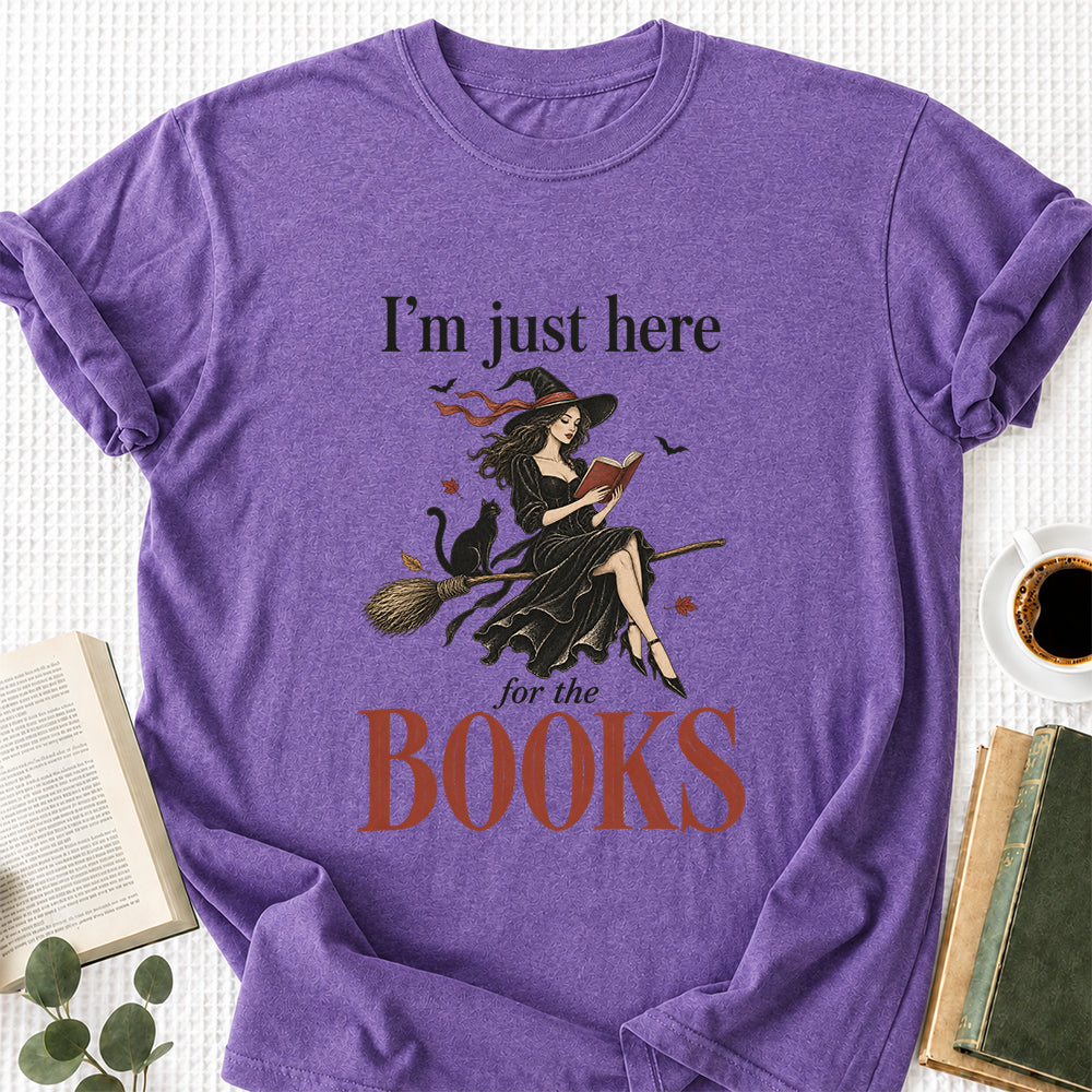 I'M Just Here For The Books Printed T-Shirt | Halloween Book Lover Gift Heather Purple