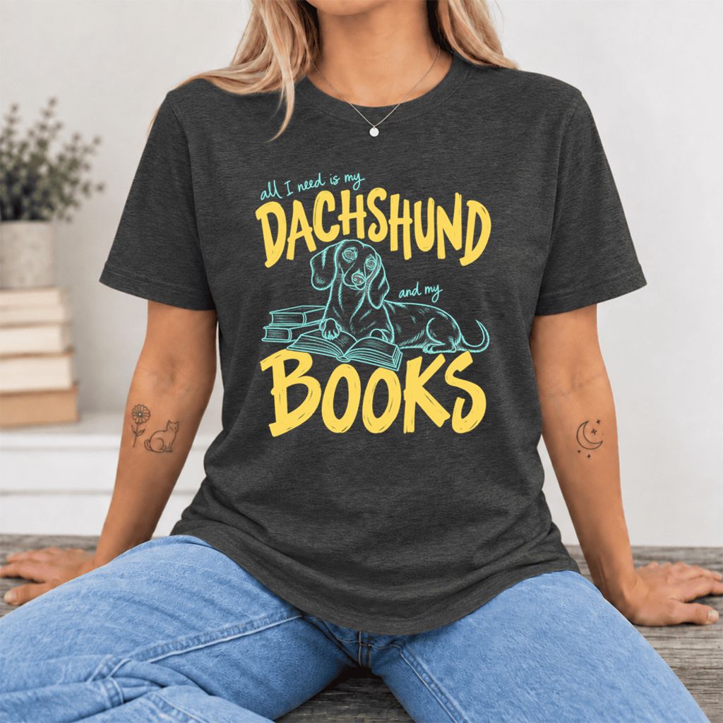 All I Need Is My Dachshund And My Books Ultra-Soft Cotton T-Shirt | Gift Dark Grey Heather