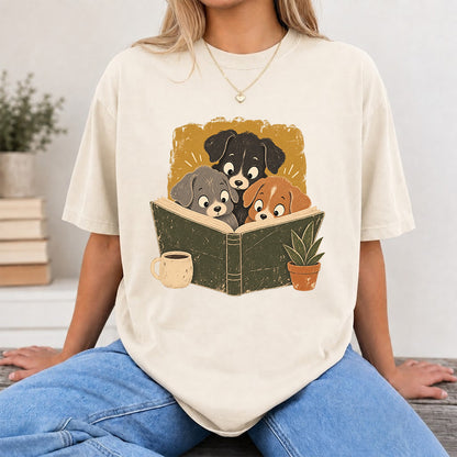 Minimal Japanese Dogs Reading Softstyle T-Shirt | Book Lover Gift Natural