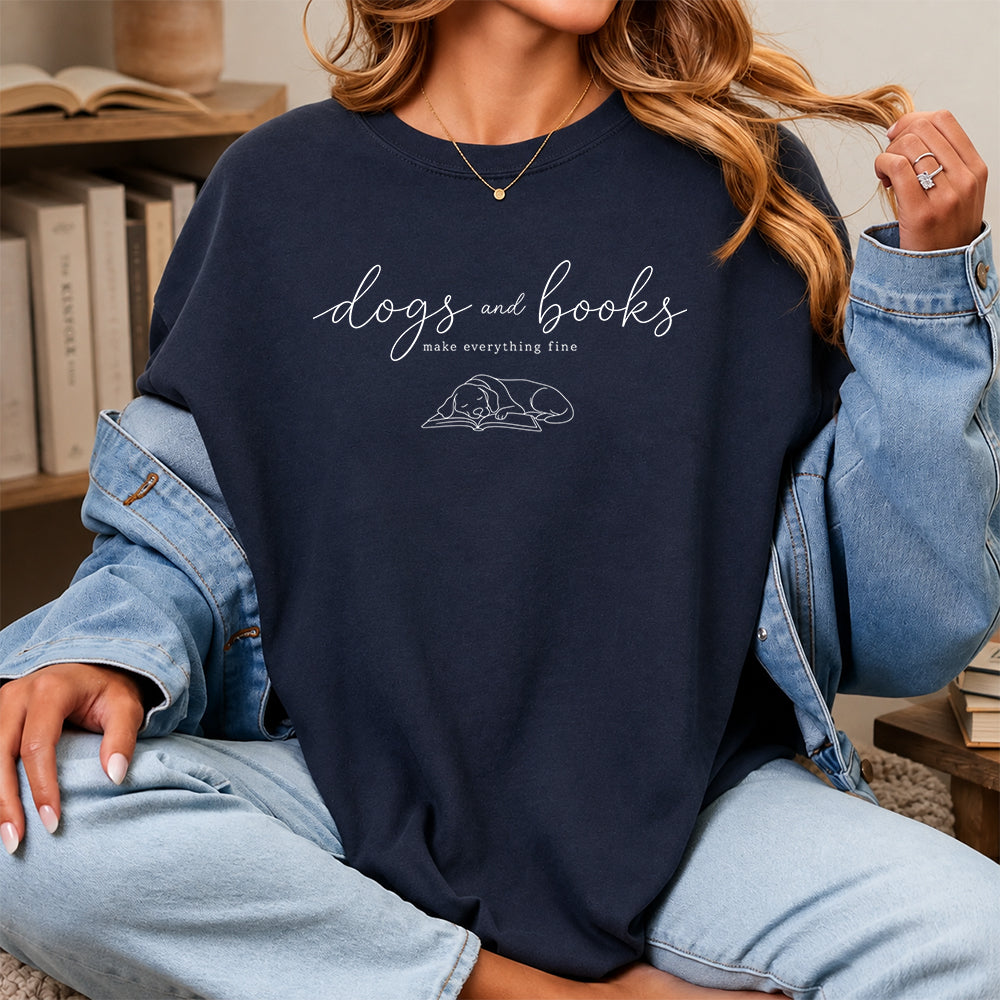 Dogs And Books - Everything Fine Cotton T-Shirt | Dog Lover & Reader Gift Navy