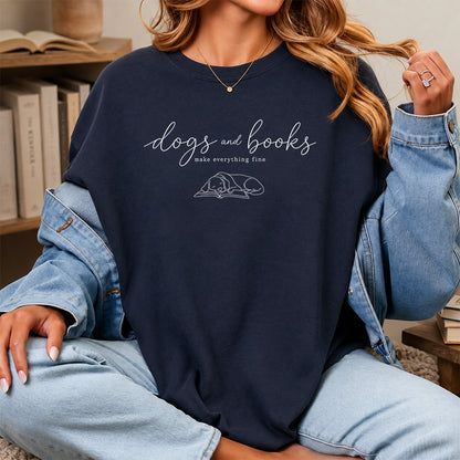 Dogs And Books - Everything Fine Cotton T-Shirt | Dog Lover & Reader Gift Navy
