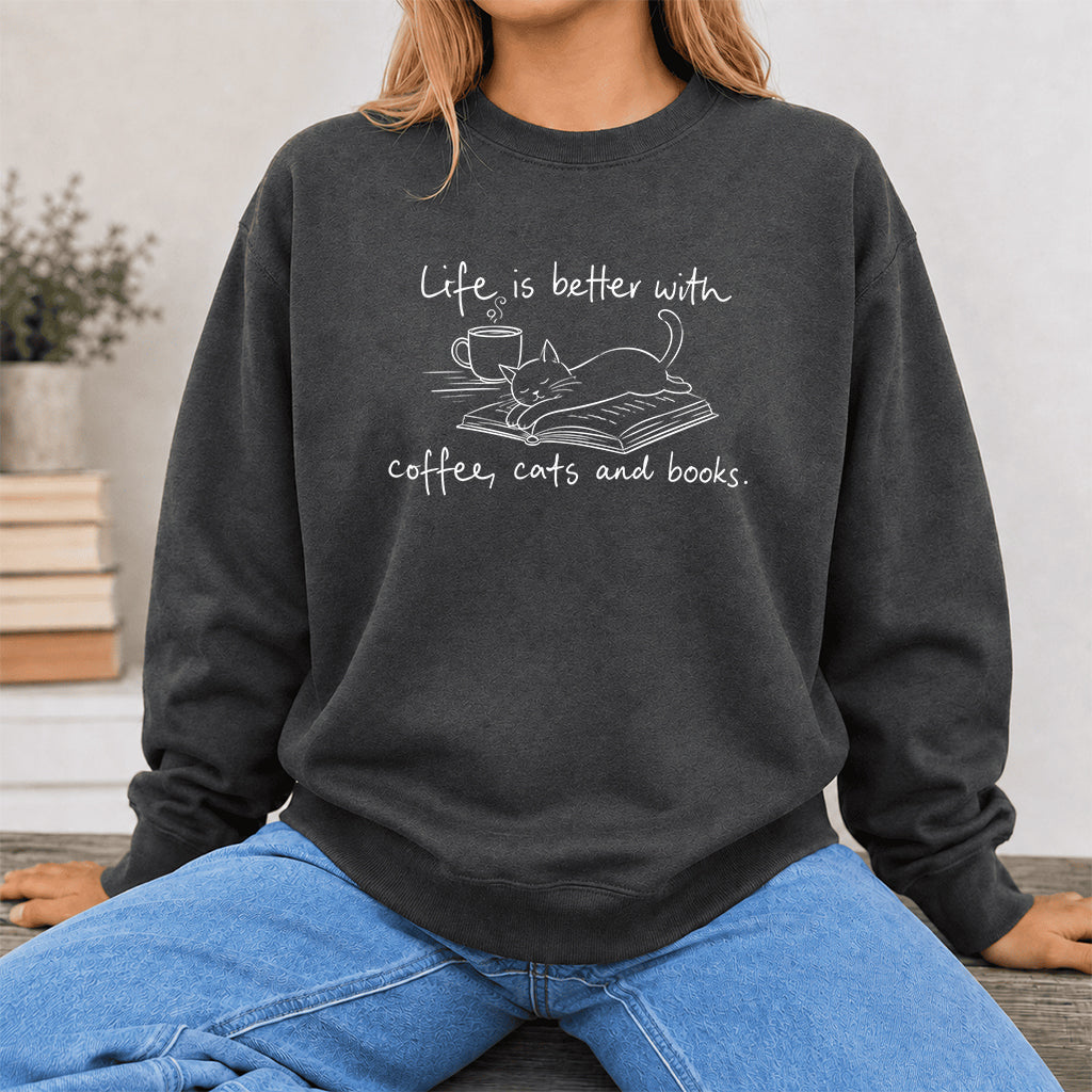 Funny Cats and Books Crewneck Sweatshirt | Reader Gift Dark Heather