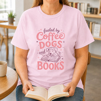 Fueled By Coffee Dogs and Books Cotton T-Shirt | Coffee, Dog Lover & Reader Gift Light Pink