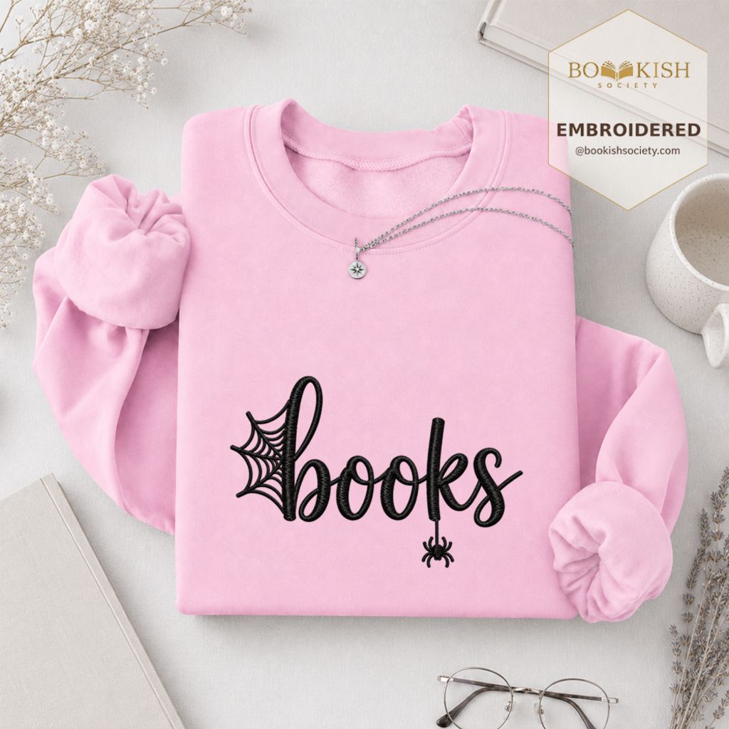 Halloween Books Embroidered Sweatshirt | Spooky Book Lover Gift Light Pink