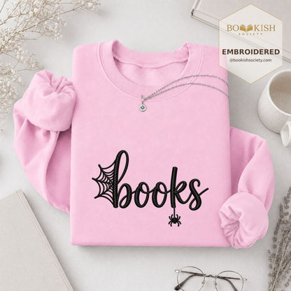 Halloween Books Embroidered Sweatshirt | Spooky Book Lover Gift Light Pink