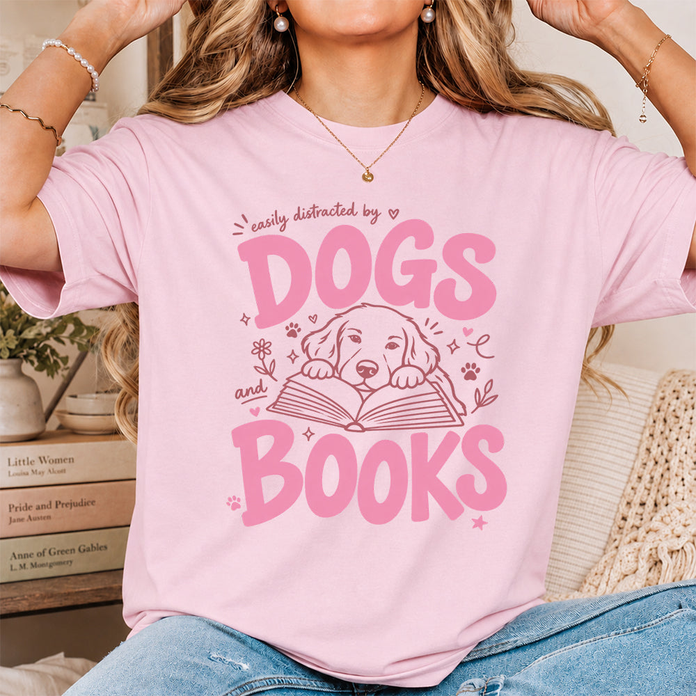 Easily Distracted by Dog and Books Cotton T-Shirt | Dogs Lover & Reader Gift Light Pink