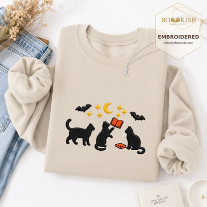 Black Cats With Books Embroidered Sweatshirt | Spooky Reader Gift Sand