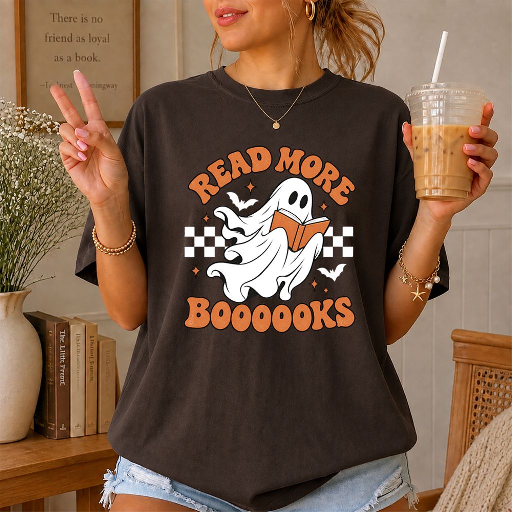 Read More Books Flying Ghost Printed T-Shirt | Halloween Book Lover Gift Dark Chocolate