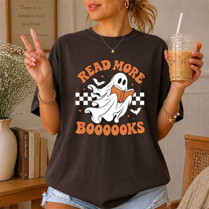 Read More Books Flying Ghost Printed T-Shirt | Halloween Book Lover Gift Dark Chocolate