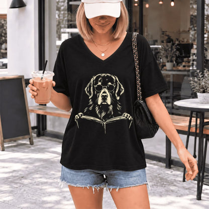 Golden Retriever Reading Book Ultra-Soft V-Neck | Dog Mom Reader Gift Black
