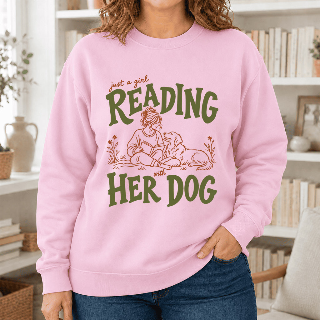 Just A Girl Reading With Her Dog Crewneck Sweatshirt | Reader Gift Light Pink