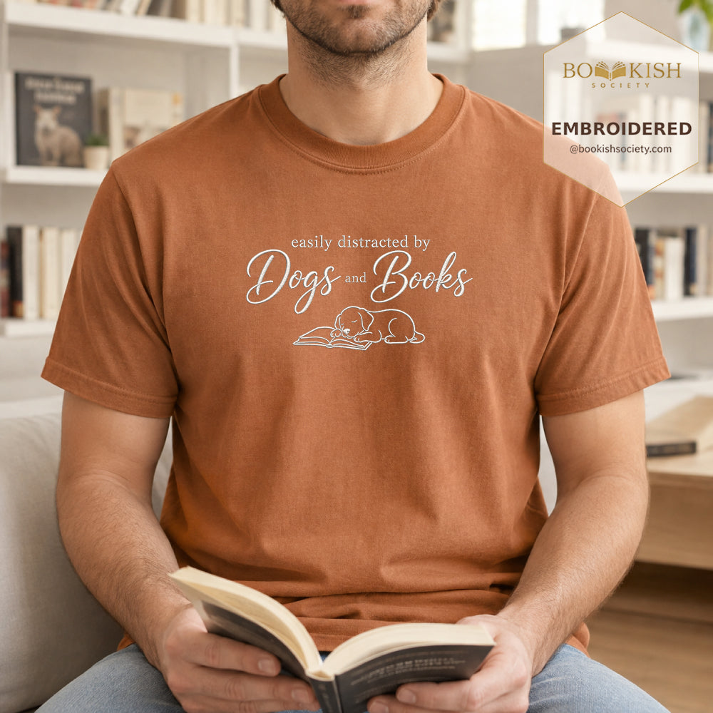 Easily Distracted By Dogs And Books Embroidered Comfort Color® T-shirt | Book Lover Gift Yam