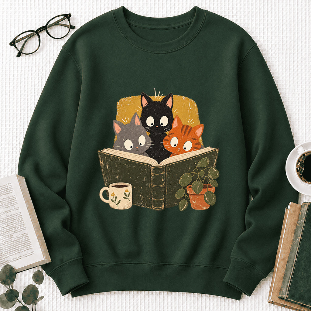 Minimal Japanese Cats Reading Crewneck Sweatshirt | Reader Gift Forest Green