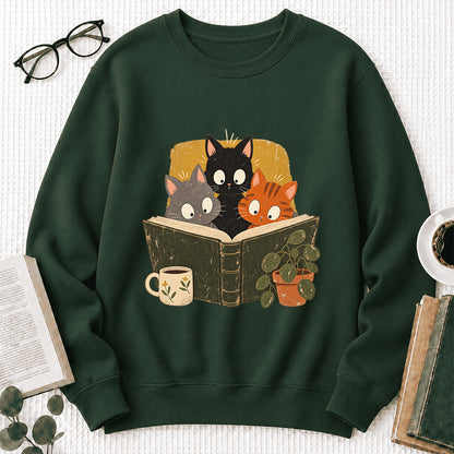 Minimal Japanese Cats Reading Crewneck Sweatshirt | Reader Gift Forest Green
