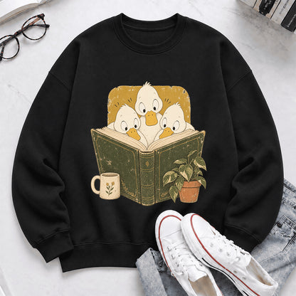 Minimal Japanese Ducks Reading Crewneck Sweatshirt | Reader Gift Black