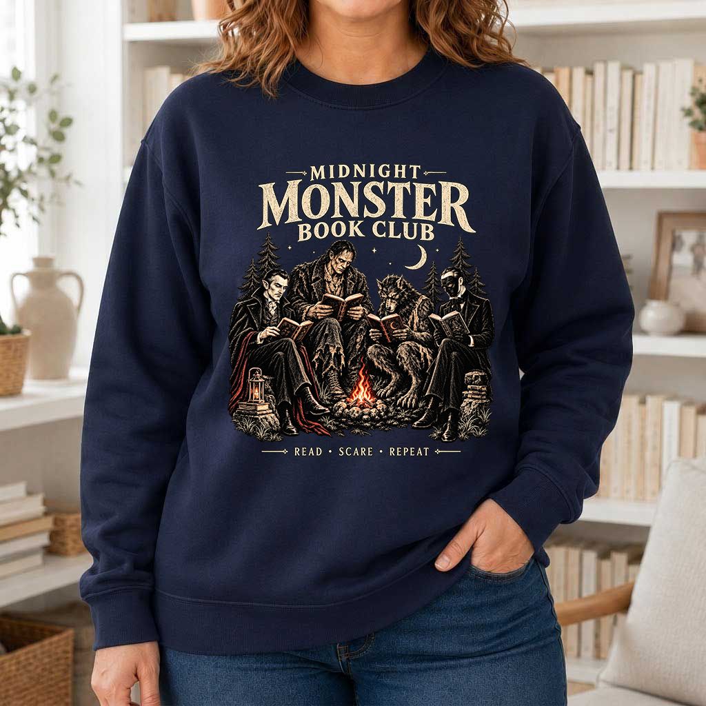 Midnight Monster Book Club Printed Sweatshirt | Halloween Book Lover Gift Navy