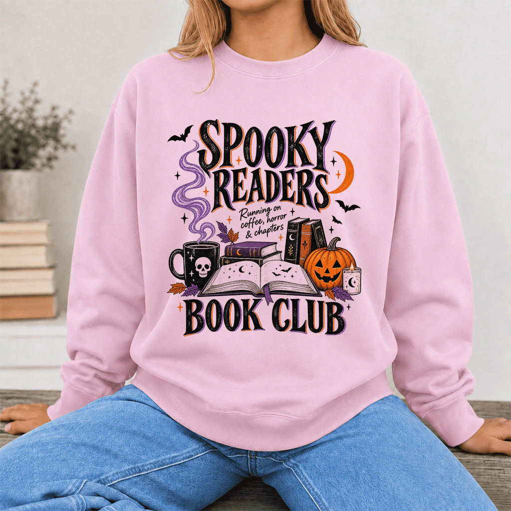 Spooky Readers Book Club Printed Sweatshirt | Halloween Book Lover Gift Light Pink