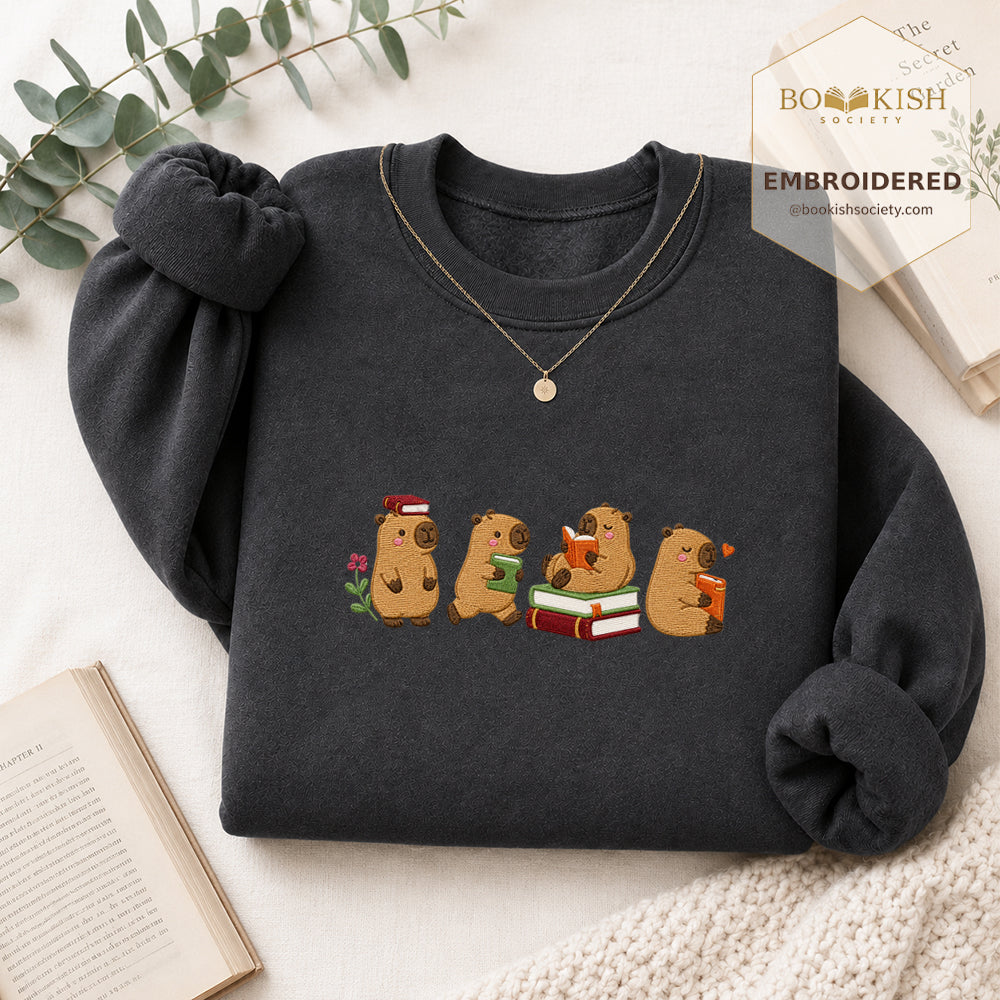 Reading Capybaras Embroidered Sweatshirt | Reader Gift Dark Heather