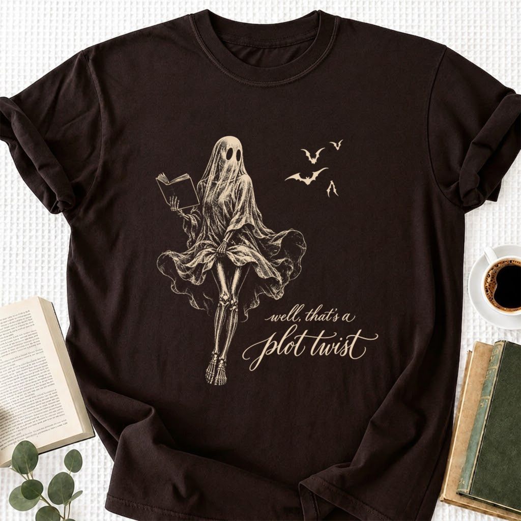 Funny Dress-Wearing Bookworm Ghost Printed T-Shirt | Halloween Book Lover Gift Dark Chocolate