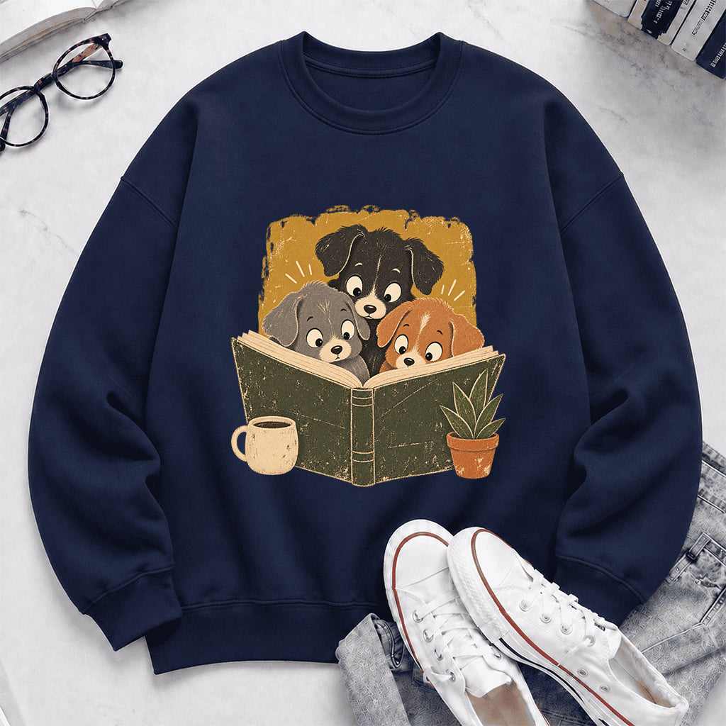 Minimal Japanese Dogs Reading Crewneck Sweatshirt | Reader Gift Navy