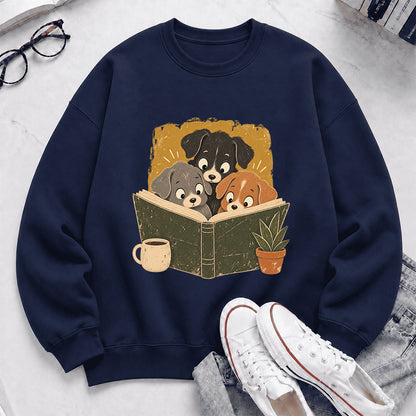 Minimal Japanese Dogs Reading Crewneck Sweatshirt | Reader Gift Navy