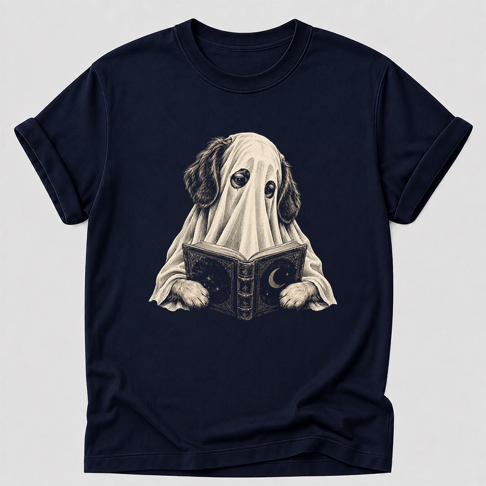 Reading Ghost Dog Printed T-Shirt | Halloween Dog Lover Gift Navy