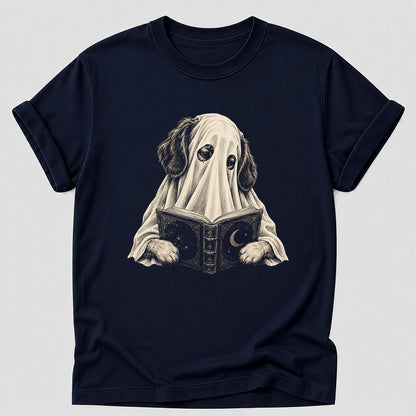 Reading Ghost Dog Printed T-Shirt | Halloween Dog Lover Gift Navy