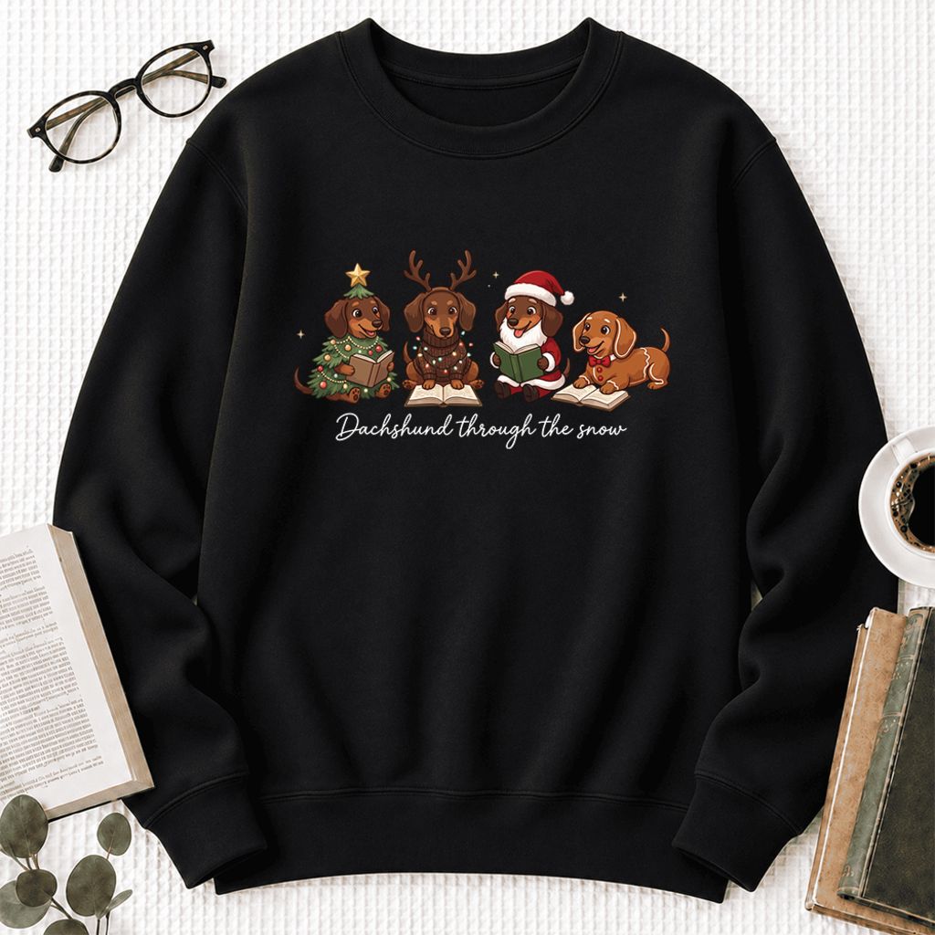 Dachshund Through The Snow Softstyle Sweatshirt | Christmas Book Lover Gift Black