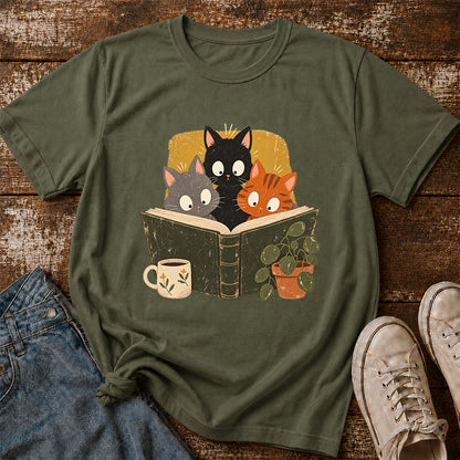 Minimal Japanese Cats Reading Softstyle T-Shirt | Book Lover Gift Military Green